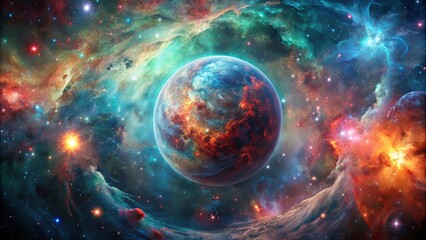 Obraz premium Cosmic Symphony A Tapestry of Nebulas and Stars, a Celestial Dance Around a Blazing Planet