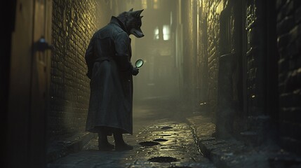 A wolf in a trench coat stands in a dark alleyway holding a magnifying glass, looking down, with a mysterious glow emanating from behind.