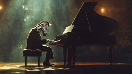 A zebra in a suit plays a grand piano on a stage in front of a foggy background.