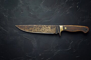 Rusty knife on dark textured surface, space for text