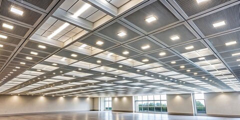 A geometric grid of ceiling panels illuminated by a multitude of integrated lights casts a soft, even glow across the spacious room, highlighting the clean lines and modern design of the interior