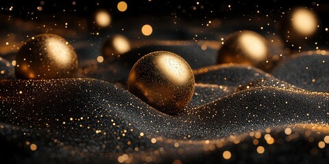 Intricate waves of golden spheres are nestled against an ethereal backdrop with cosmic appeal, presenting an enchanting visual portrayal that merges beauty and dreamy allure.