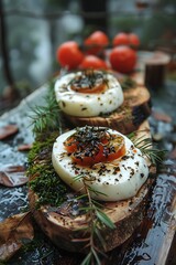 Delicious Poached Eggs on Golden Toast with Fresh Herbs on Rustic Table Setting