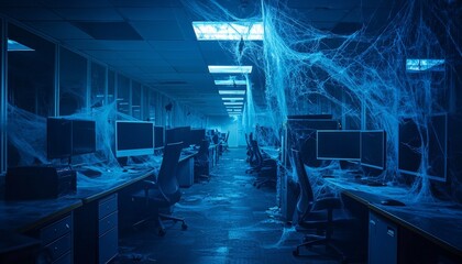 A dimly lit abandoned office with blue lighting, covered in cobwebs, conveying an eerie atmosphere of neglect and solitude.