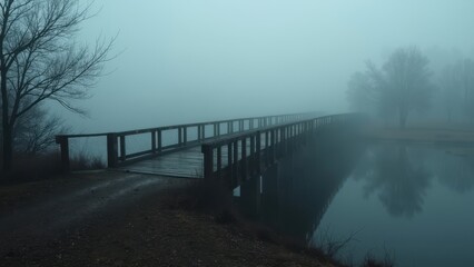 Wooden Walkway Leading Through Misty Waterside in Autumn