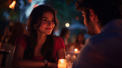 young and beautiful indian couple are sitting in a restaurant