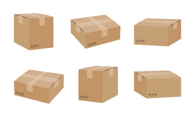 Cardboard box mockup set. Carton packaging box collection with tape and transportation symbols isolated vector illustration
