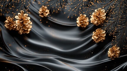 Obraz premium A series of ornate golden pine cones are set against a backdrop of smooth black fabric, creating a striking contrast that evokes a sense of luxurious elegance and classic style.