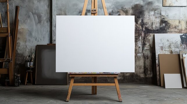 horizontal large blank canvas mockup on easel with artist studio exhibition background perfect for art related content and workshops.