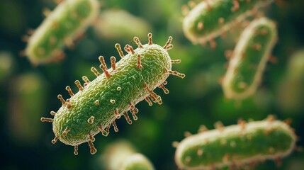 Fototapeta premium A macro view of bacteria, showcasing vibrant green cellular structures with hair-like projections, highlighting their complex and microscopic nature.