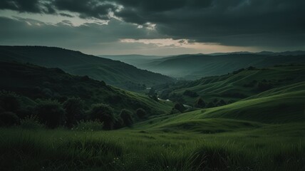 Fototapeta premium Rolling green hills and a valley with a river under a cloudy sky.