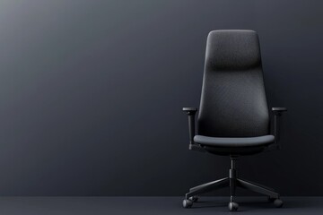 Fototapeta premium A sleek black office chair on a minimalist dark wall, creating a modern and professional aesthetic.