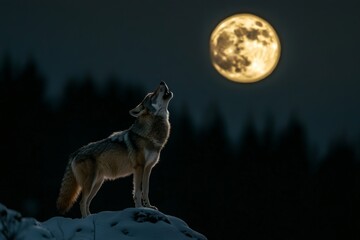A lone wolf howls against the glowing full moon in a dark forest. This stunning landscape captures the wild spirit and beauty of nature. Perfect for storytelling. Generative AI