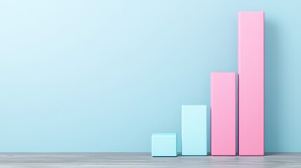 Fototapeta premium Colorful bar chart representation on a wooden floor against a light blue background.