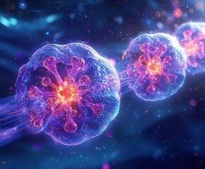 A vibrant digital illustration of microscopic cells with a glowing, colorful design, showcasing intricate structures in a fluid background.