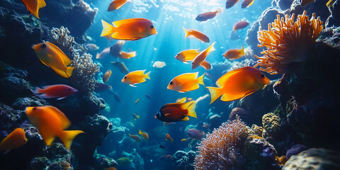 Fototapeta premium A mesmerizing underwater scene featuring a vibrant coral reef teeming with colorful fish.