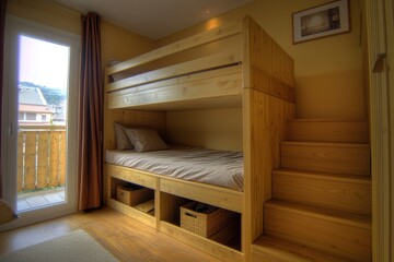 Fototapeta premium A cozy bedroom featuring a wooden loft bed with storage underneath and a small staircase, creating an efficient use of space.