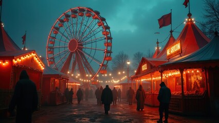 Misty Carnival Scene with Ferris Wheel and Twinkling Lights