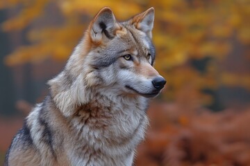 Obraz premium Autumn Wolf in Forest Landscape - Majestic Wildlife in Seasonal Setting