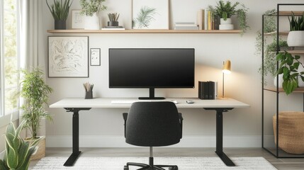 A beautifully organized home office with a sleek desk, large monitor, wireless accessories, and minimalist decor, creating a calm and productive workspace.