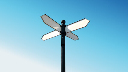 This sign points in exactly four different directions and is a white arrow-shaped sign with a black frame.