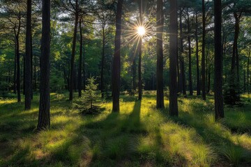 Obraz premium cool sun shining through the forest land