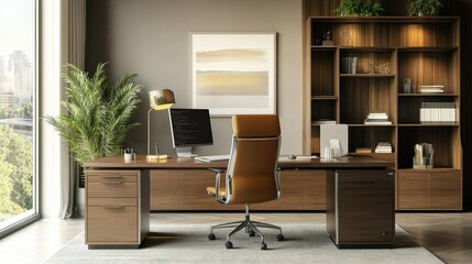 Fototapeta premium A chic, modern office space featuring a large work desk, ergonomic chair, stylish shelves, and complete office equipment, creating a productive environment.