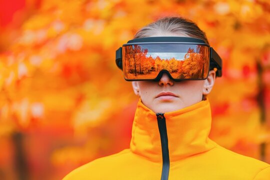 Person wearing virtual reality goggles in a colorful autumn setting.
