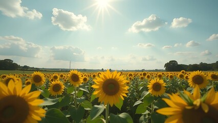 Obraz premium Sunlit field of vibrant sunflowers under a blue sky with fluffy clouds