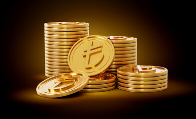 Stack Of Golden Shiny Turkish Lira Rounded Coins On Shiny Golden Glow Background 3d Illustration