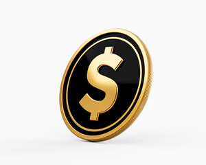 Shiny Golden And Black Rounded United States Dollar USD Coin On White Background 3d Illustration