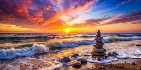 A Balancing Act of Nature A serene cairn of stones stands against the backdrop of a dramatic sunset, as waves crash gently on the shore, creating a harmonious and peaceful scene.