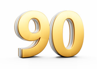 3D Golden Shiny Number 90 Ninety With Silver Outline On White Background 3D Illustration