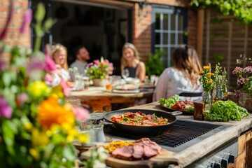 Enjoying a sunny outdoor gathering with friends. Delicious food and vibrant flowers create a lovely atmosphere. Perfect for summer celebrations and sharing. Generative AI
