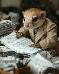 Naklejka premium Cunning Weasel in Casual Suit Reviewing Documents. symbolizing wit and shrewdness in business negotiations.