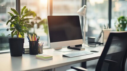 A modern work desk equipped with a desktop computer, ergonomic chair, office supplies, and a potted plant in a clean, brightly lit office.