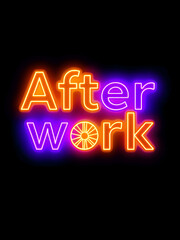 Afterwork text in bold neon letters. Featuring a mix of gold, purple and blue tones. The text has symmetrical patterns and includes embedded geometric shapes, Generative AI