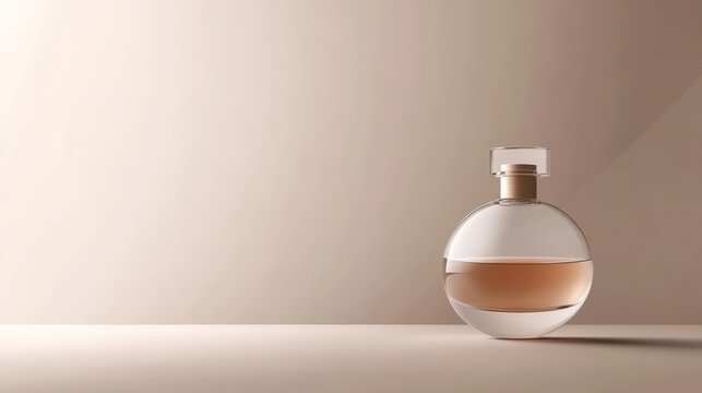 Elegant Perfume Bottle Minimalism: A single, sleek glass perfume bottle with a golden cap sits against a soft, beige backdrop, bathed in warm, natural light. The bottle's shape is simple yet elegant.