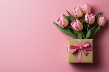 A gift box adorned with a pink ribbon sits beside a bouquet of pink tulips