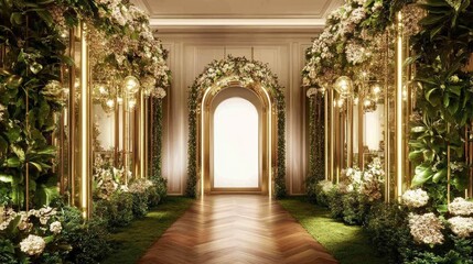 A festive Christmas interior with a blank wall and hardwood floor, surrounded by subtle holiday decor, perfect for a text overlay.