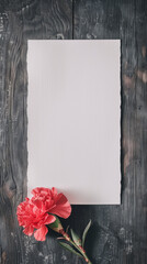 Obraz premium Red Carnation with Blank Paper on Dark Textured Background