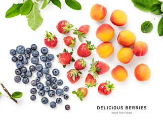 Apricot, blueberry and strawberry fruits leaves isolated on white background.