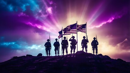 Soldiers Stand Proudly With Flags Against a Vibrant Sunset Background in a Show of Patriotism and Unity
