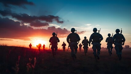 Fototapeta premium Soldiers Advancing Towards the Horizon During Sunset in a Military Training Exercise