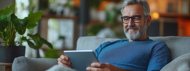 Smiling relaxed middle aged man in a blue top looking away holding tab relaxing on sofa at home. Happy mature male using digital tablet sitting on couch in modern living room.