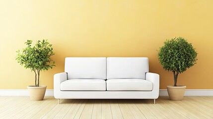 A modern cozy living room with sleek furniture and warm textures against a one-color wall, creating a minimalist yet inviting space.