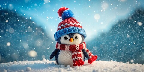 Fototapeta premium A Plush Penguin Wearing a Cozy Knit Hat and Scarf Standing in a Snowy Landscape, the Blurry Background Filled with Wintery Whirlwinds and Glowing Lights.