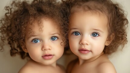 Two baby girls with curly brown hair and big blue eyes stare at the camera.