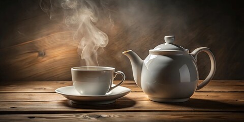 Fototapeta premium A steaming cup and teapot on a rustic wood surface, ready for a comforting moment of relaxation