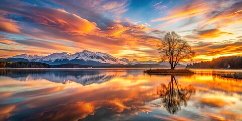 Obraz premium A solitary tree stands amidst the reflection of a fiery sunset over snow-capped mountain peaks and a tranquil lake.